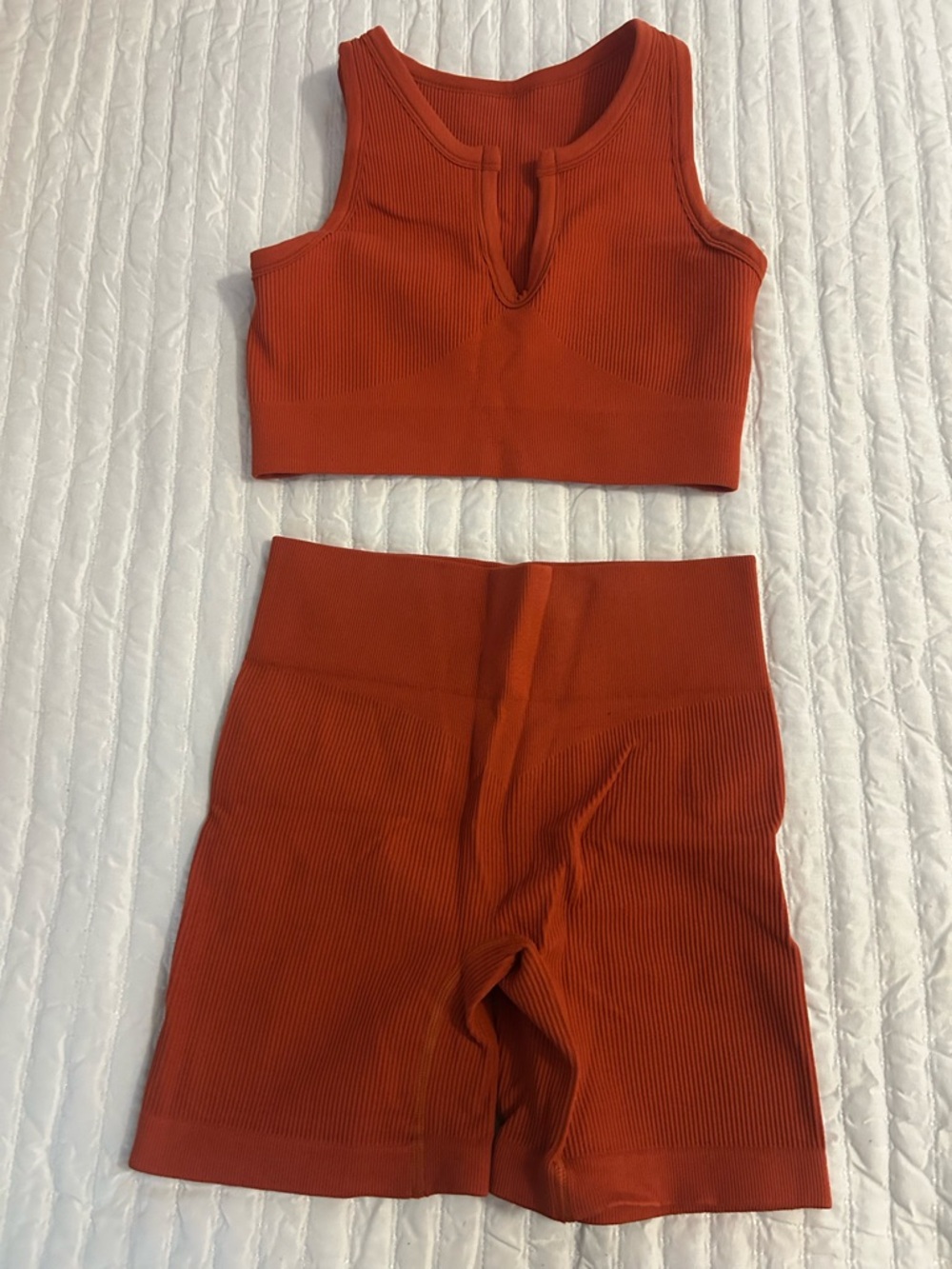 Ribbed High-Waist Biker Shorts in Rust